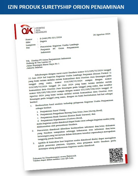 Ijin Produk Suretyship PT Orion Penjaminan Indonesia